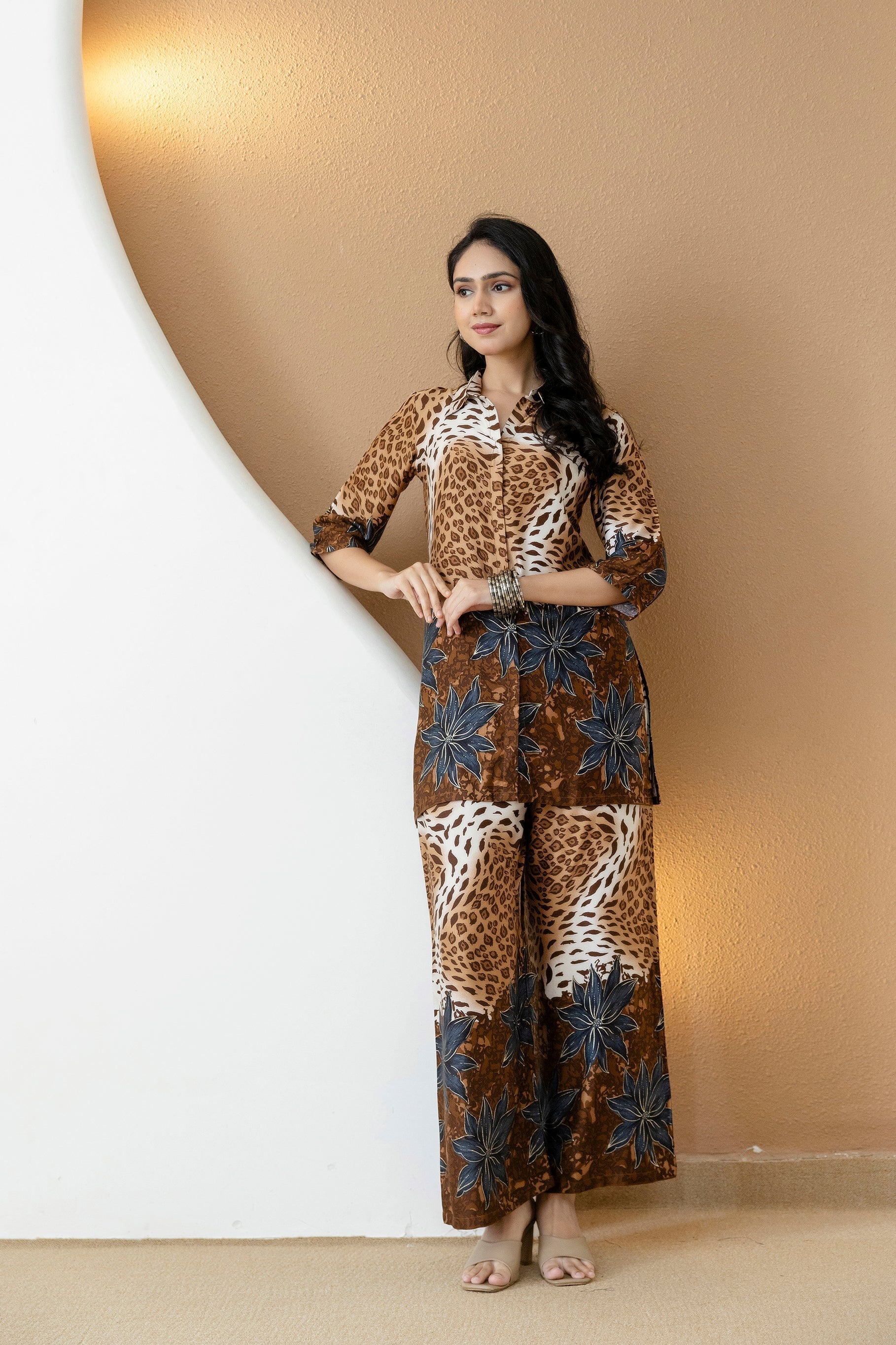 Animal & Floral Print Silk Ethnic Co-Ord Set with Palazzo - Brown