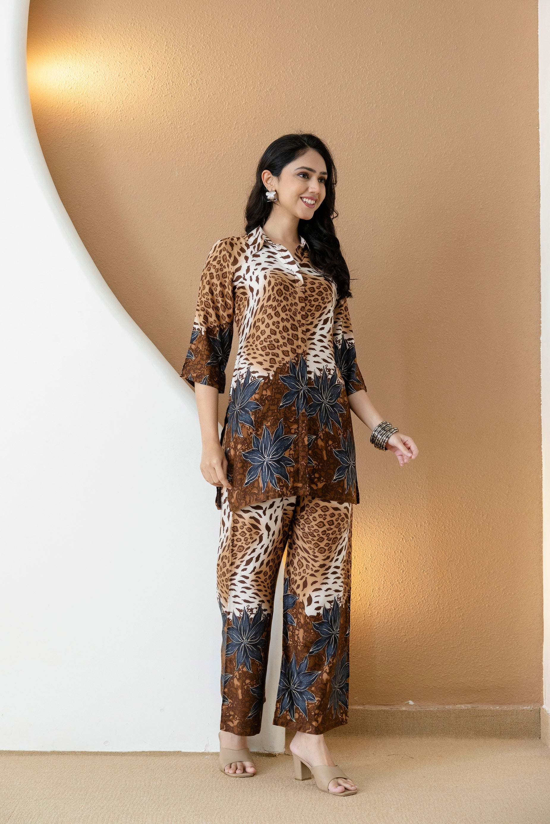 Animal & Floral Print Silk Ethnic Co-Ord Set with Palazzo - Brown