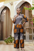 Elegant grey silk co-ord set with animal and floral print tunic and palazzo pants
