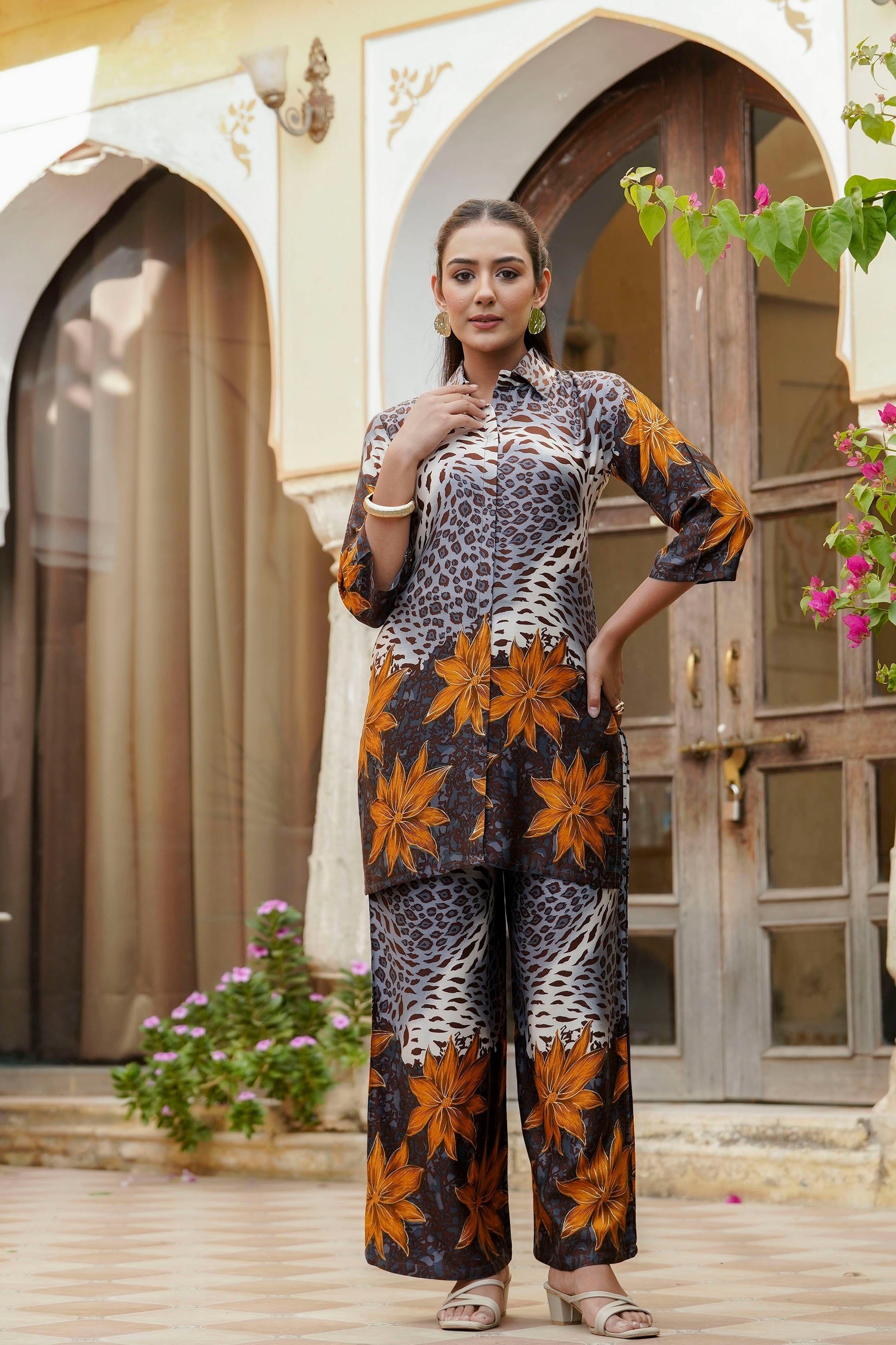 Elegant grey silk co-ord set with animal and floral print tunic and palazzo pants