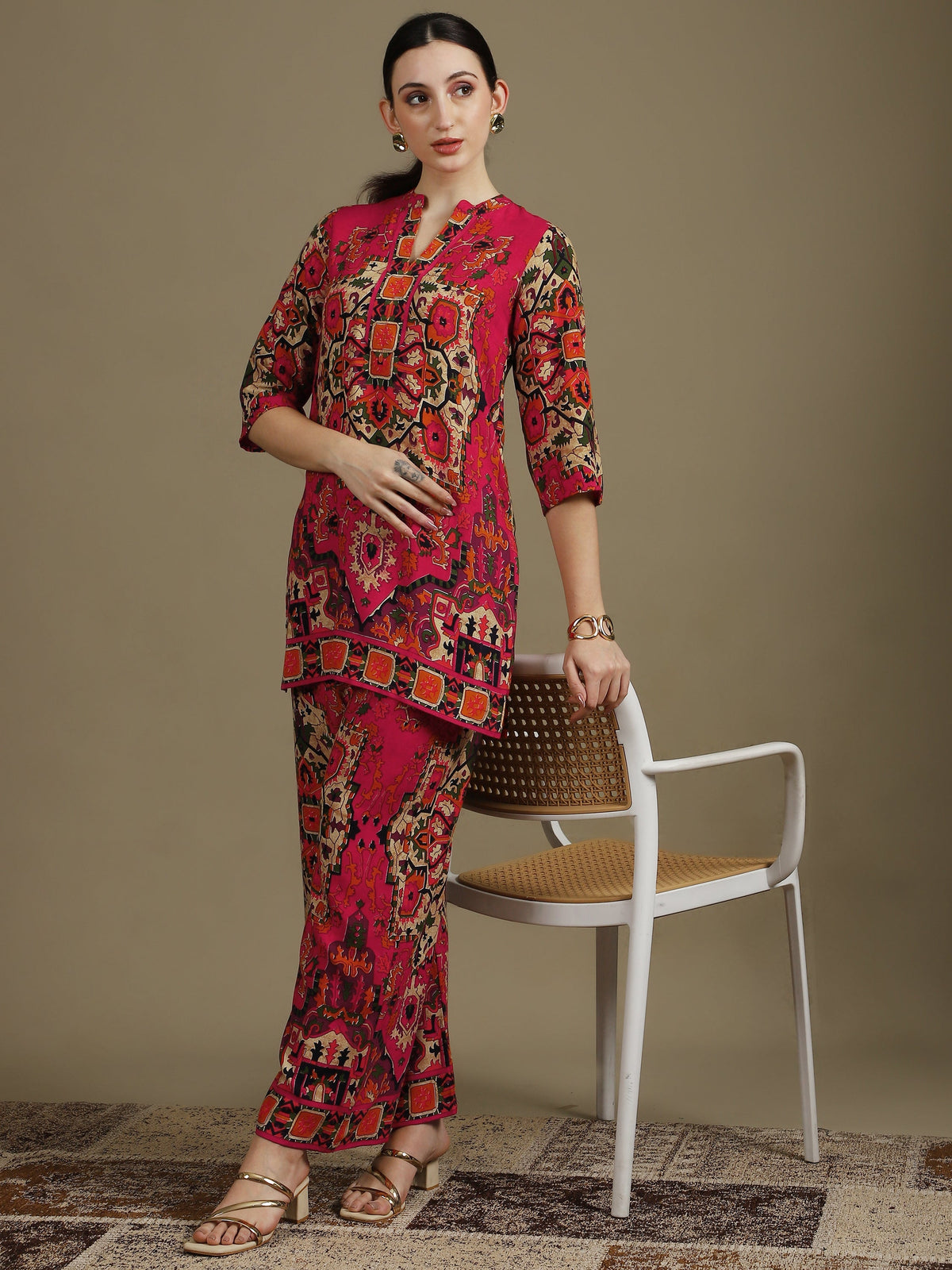 Pink Ethnic Printed Co-Ord Set with Tunic and Palazzo Pants