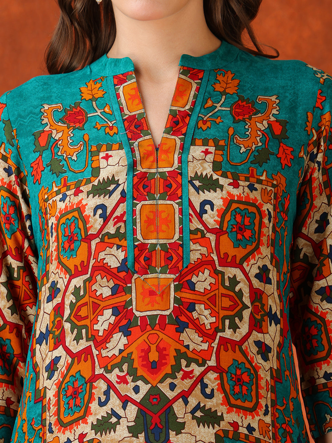 Teal Ethnic Printed Co-Ord Set with Tunic and Palazzo Pants