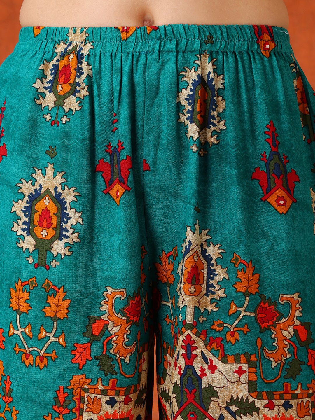 Teal Ethnic Printed Co-Ord Set with Tunic and Palazzo Pants