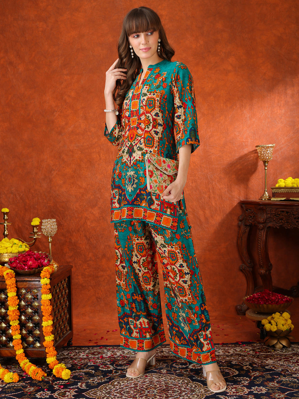 Teal Ethnic Printed Co-Ord Set with Tunic and Palazzo Pants