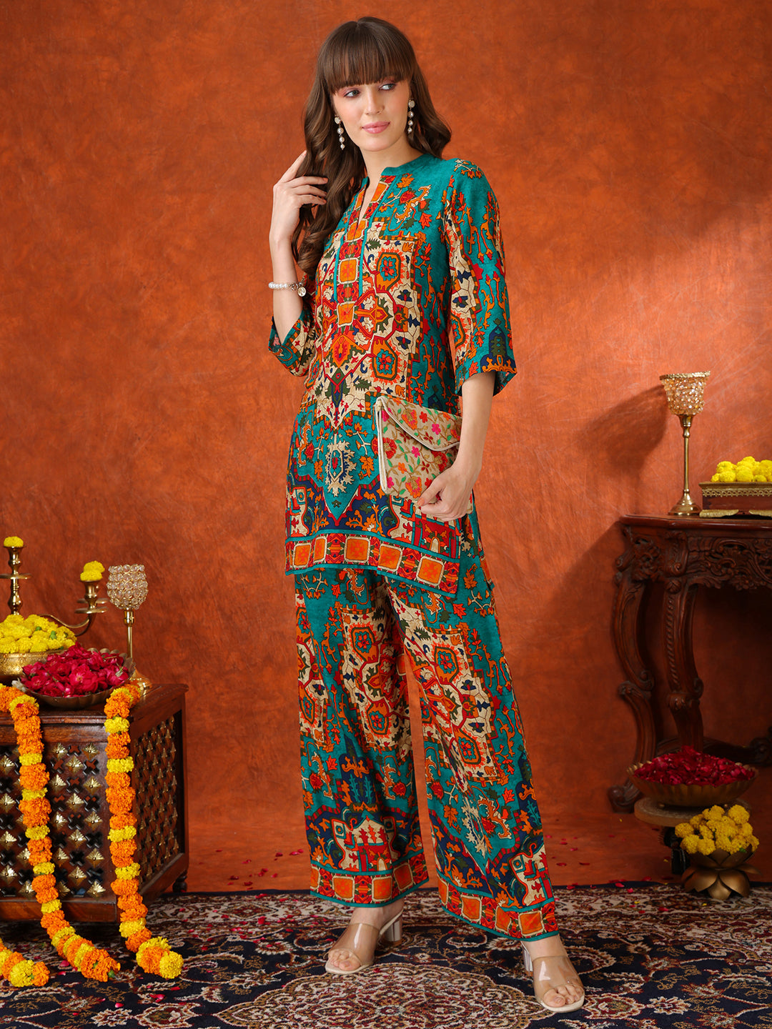 Teal Ethnic Printed Co-Ord Set with Tunic and Palazzo Pants