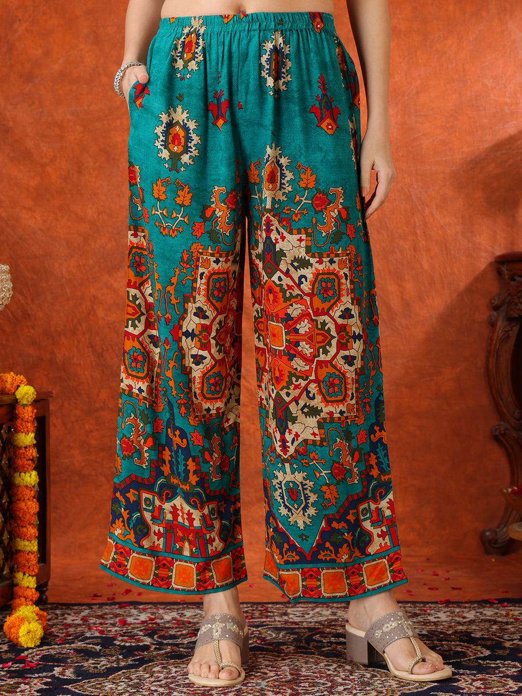 Teal Ethnic Printed Co-Ord Set with Tunic and Palazzo Pants