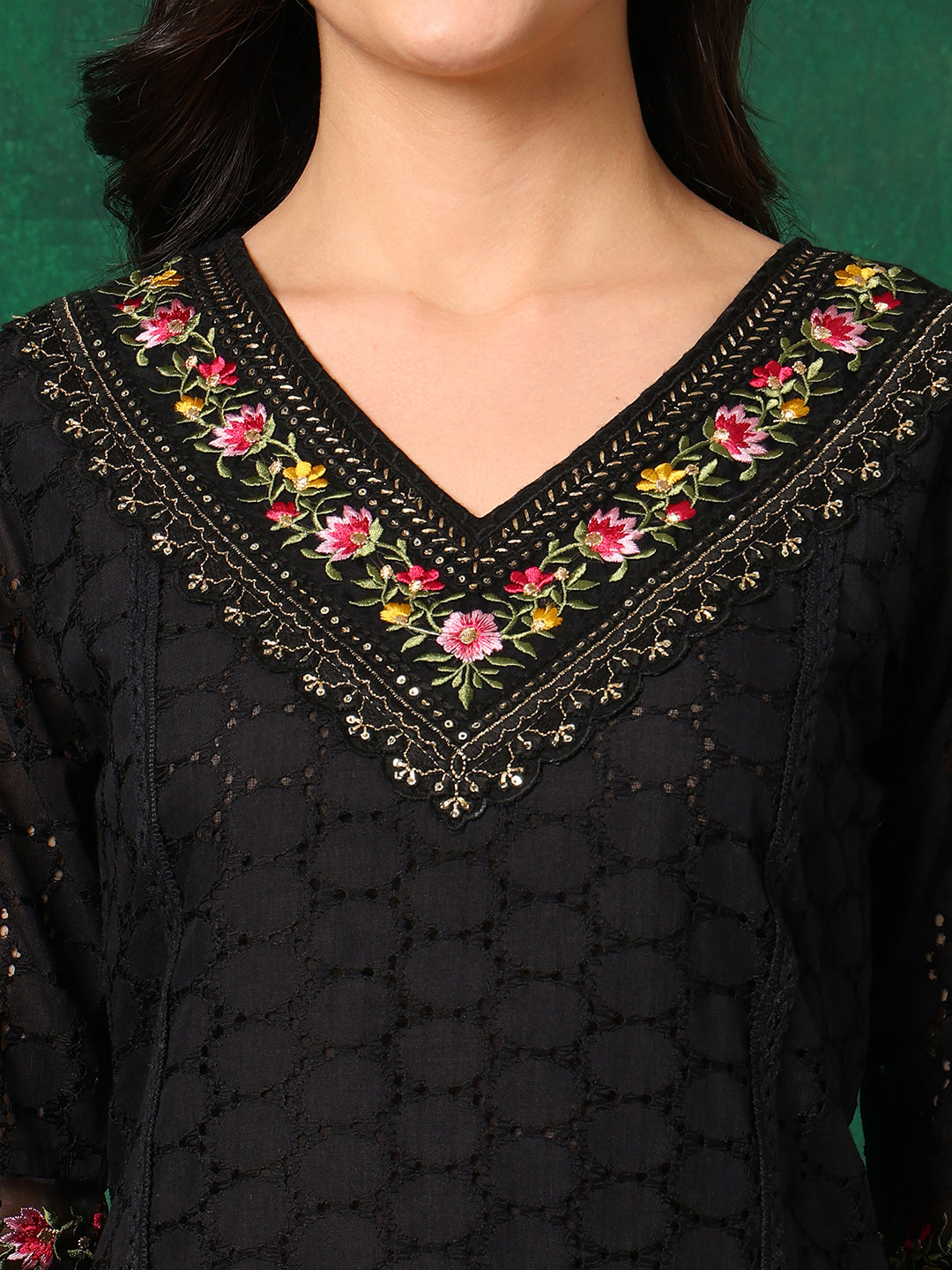 Black Chikankari Kurta Set with Printed Dupatta and Cotton Pants