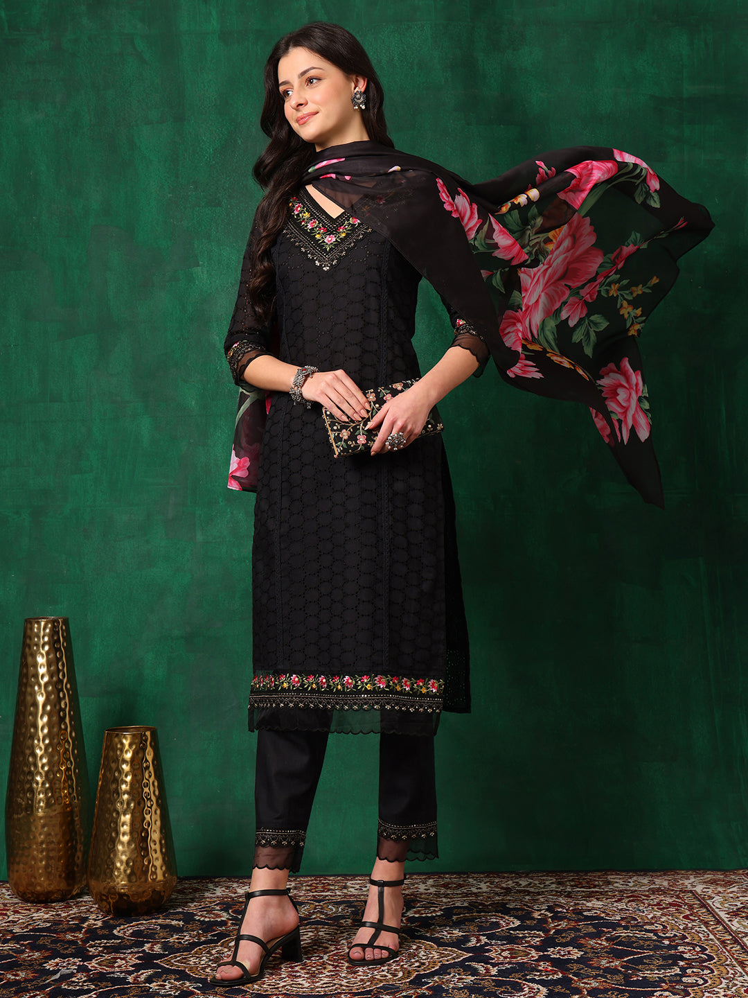 Black Chikankari Kurta Set with Printed Dupatta and Cotton Pants