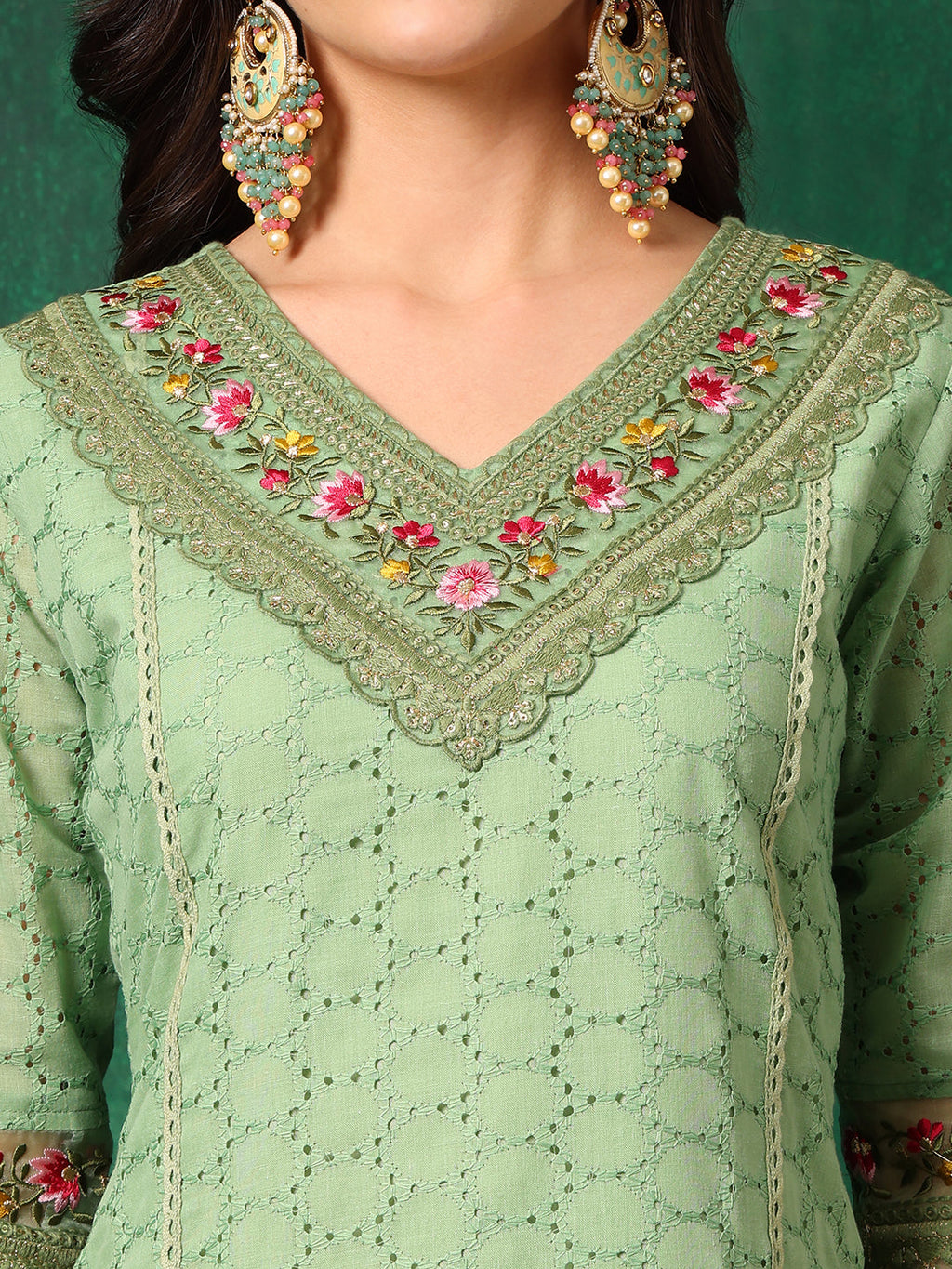 Green Chikankari Embroidered Cotton Kurta Set with Dupatta