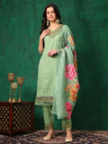 Green cotton kurta set with Chikankari embroidery and matching printed dupatta