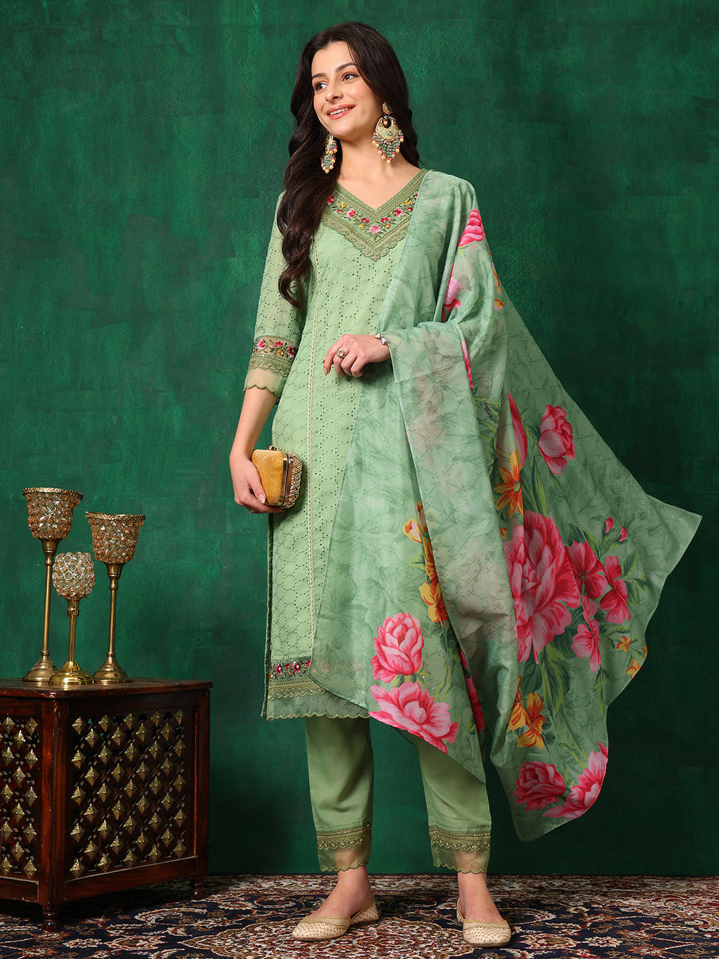 Green Chikankari Embroidered Cotton Kurta Set with Dupatta