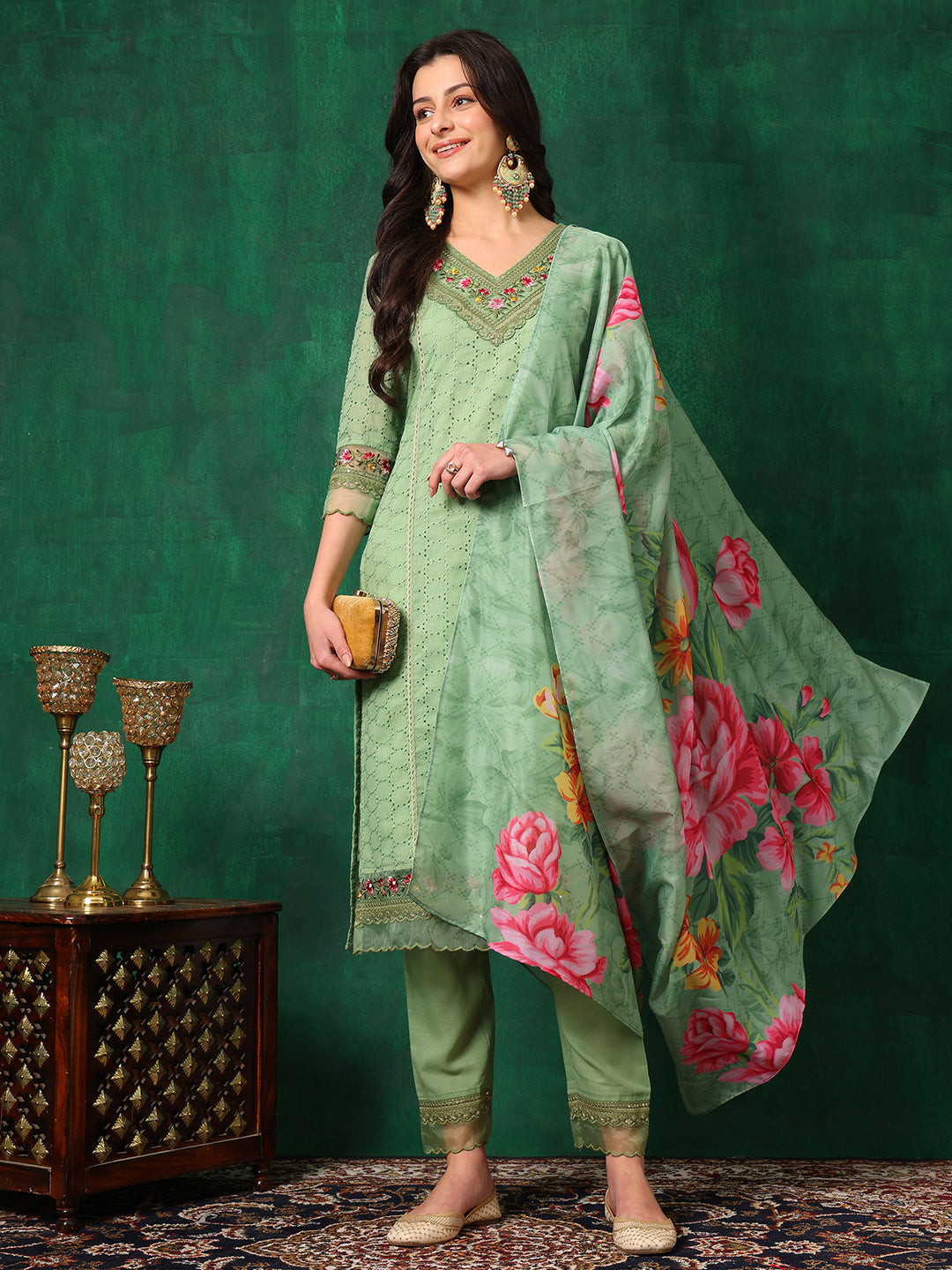 Green Chikankari Embroidered Cotton Kurta Set with Dupatta