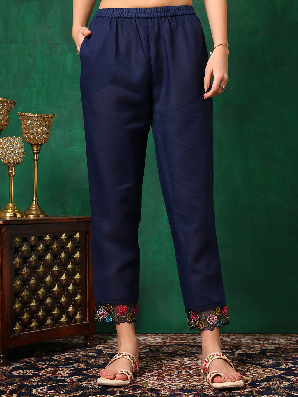 Navy Blue Cotton Applique Embroidered Kurta Set with Dupatta