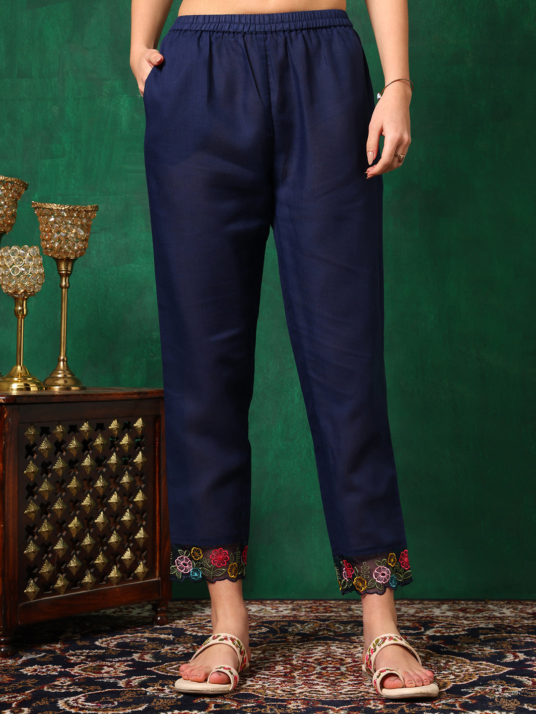 Navy Blue Cotton Applique Embroidered Kurta Set with Dupatta