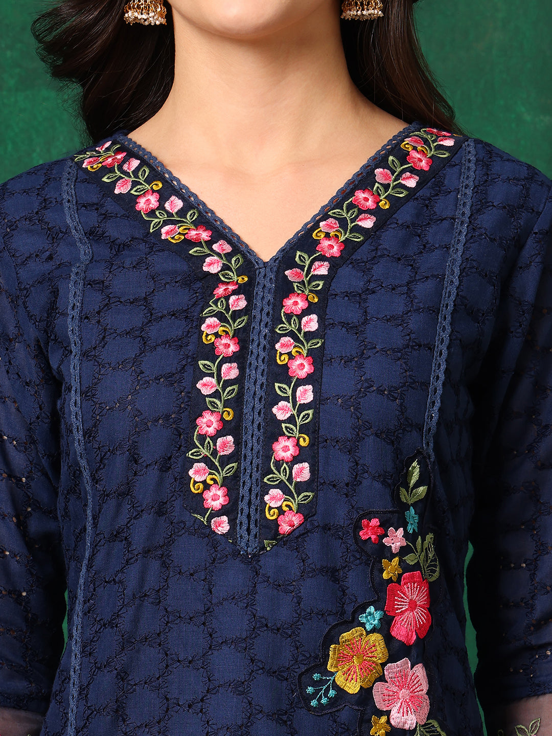 Navy Blue Cotton Applique Embroidered Kurta Set with Dupatta