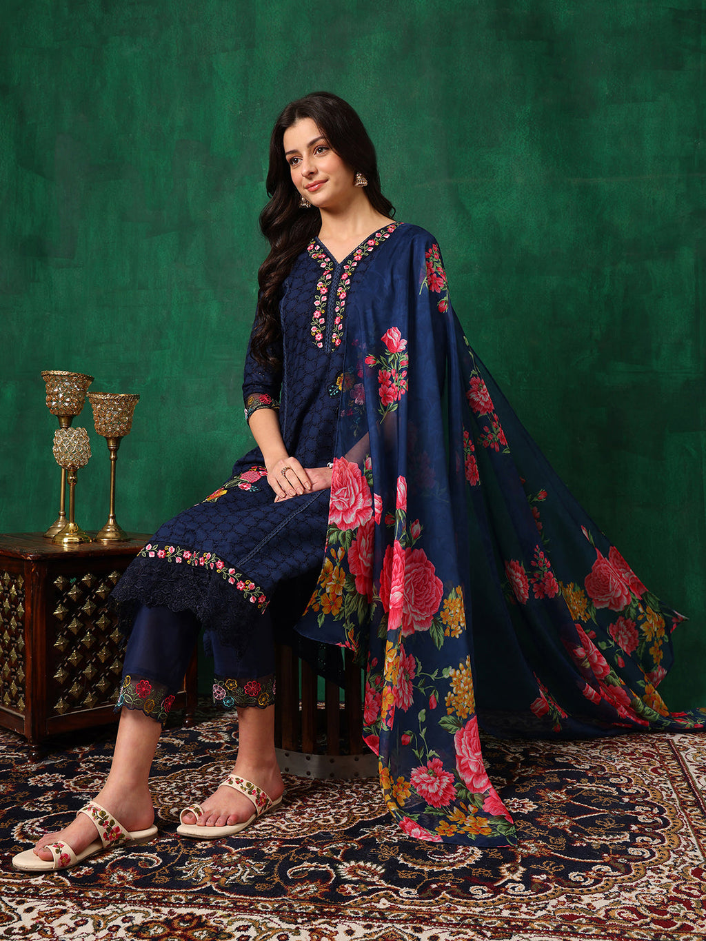 Navy Blue Cotton Applique Embroidered Kurta Set with Dupatta