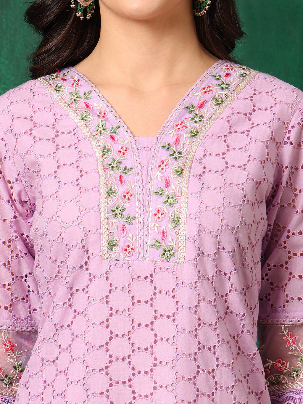 Lavender Chikankari Kurta Set with Pant and Dupatta for Women