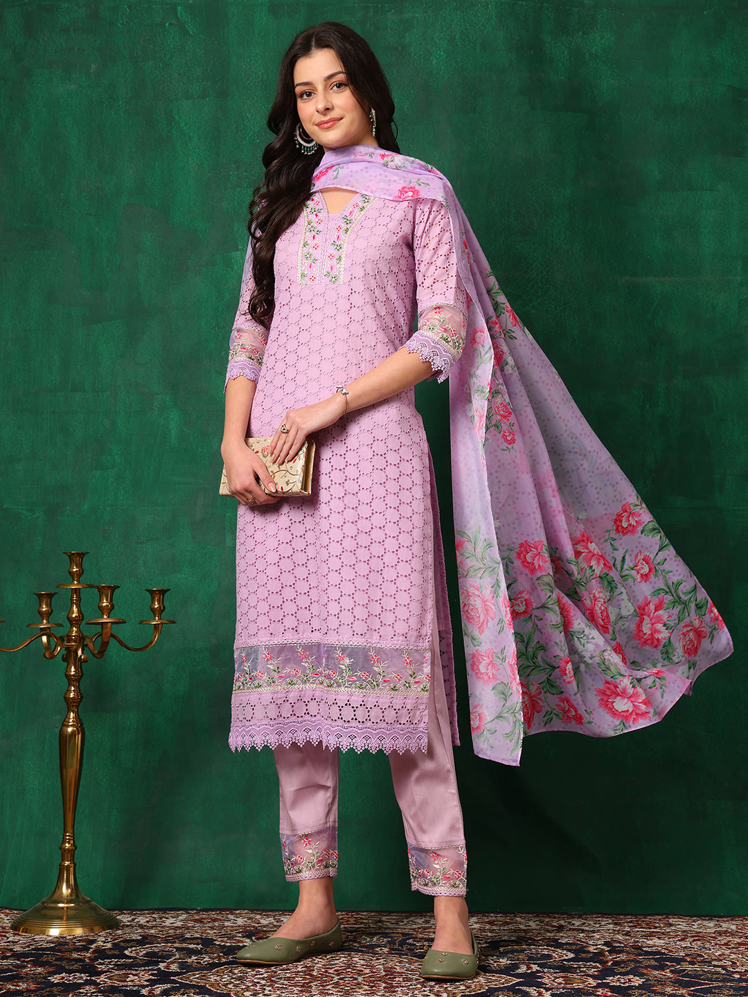 Lavender Chikankari Kurta Set with Pant and Dupatta for Women