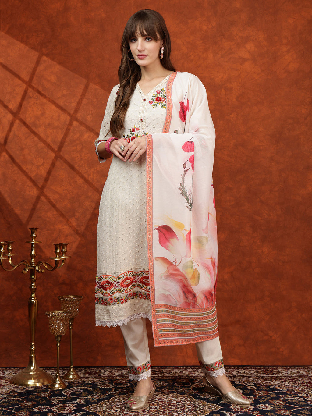 Cream cotton Chikankari kurta set with hand embroidery and floral printed dupatta
