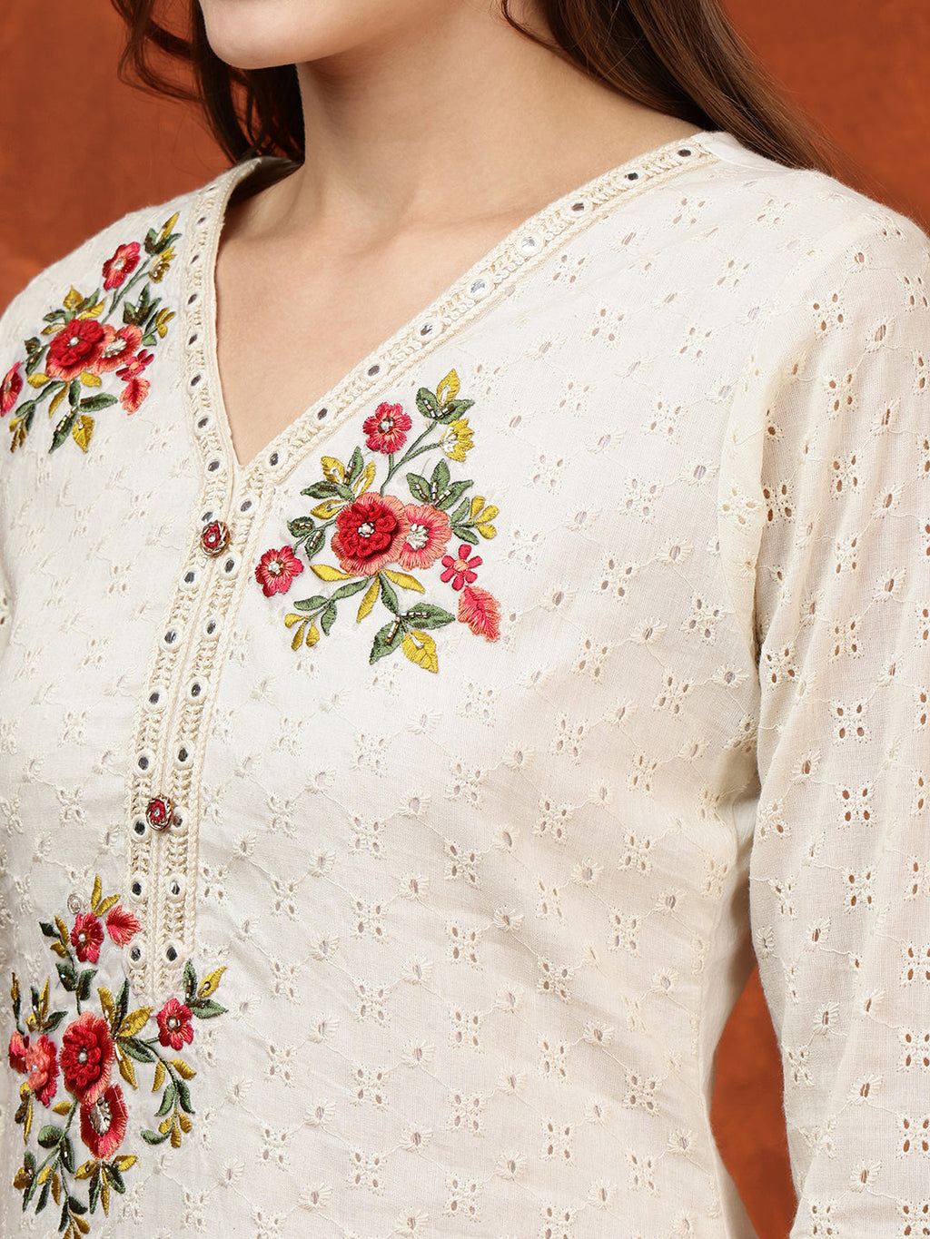 Cream Hand Embroidered Chikankari Kurta Set with Floral Dupatta