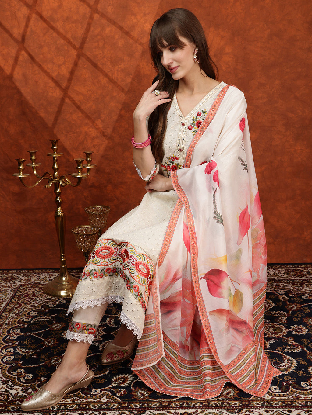 Cream Hand Embroidered Chikankari Kurta Set with Floral Dupatta