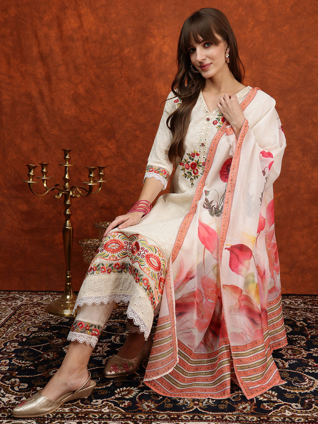 Cream Hand Embroidered Chikankari Kurta Set with Floral Dupatta