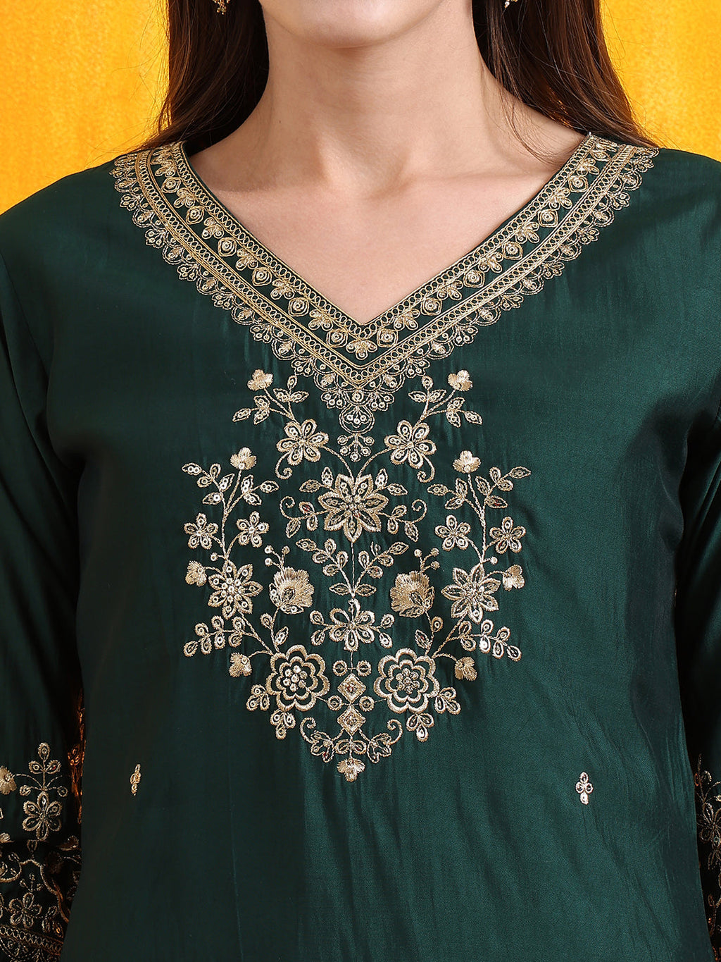 Bottle-Green Sequined Embroidered Kurta Set with Dupatta
