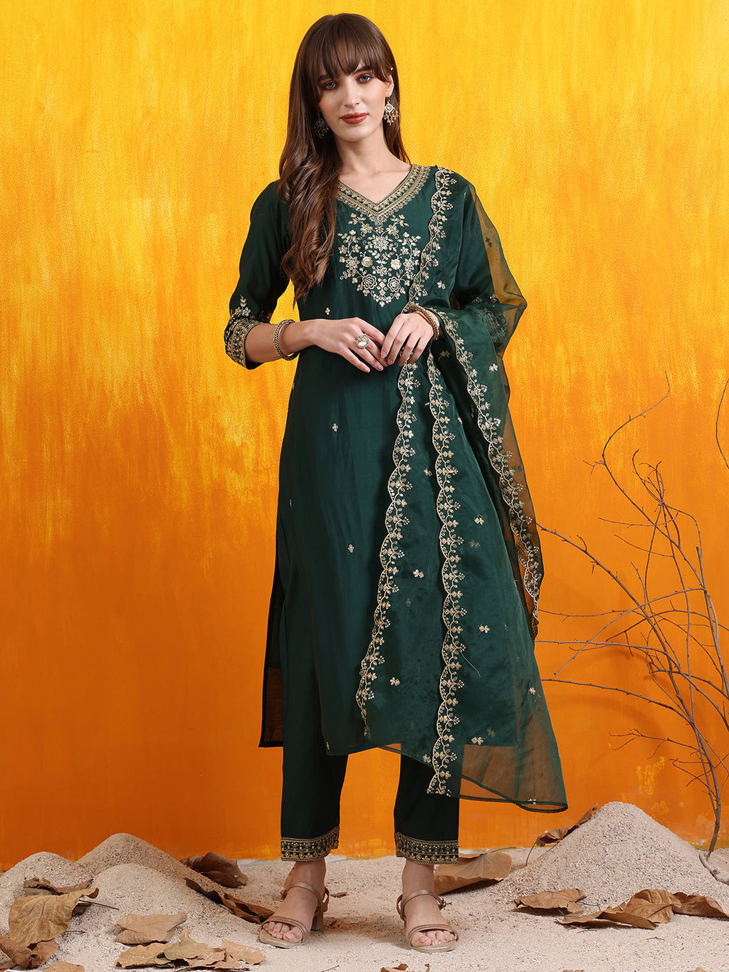 Bottle-Green Chanderi kurta set with intricate sequin embroidery and matching dupatta