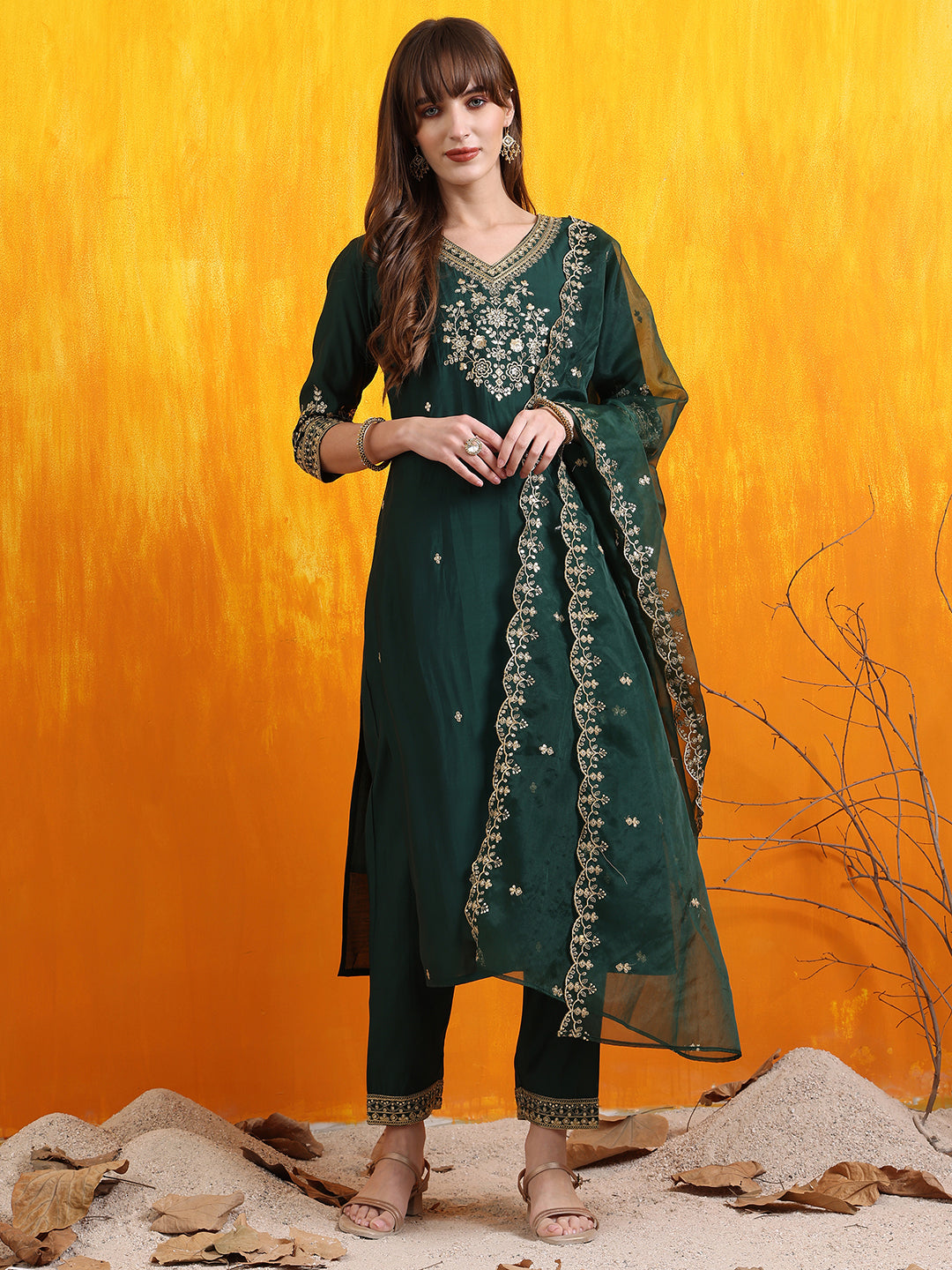 Bottle-Green Chanderi kurta set with intricate sequin embroidery and matching dupatta