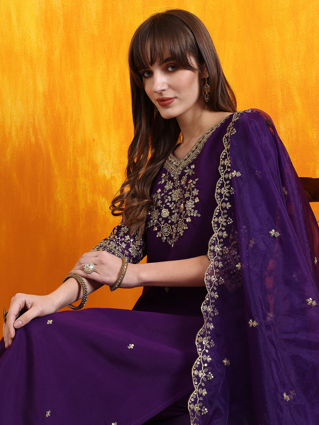 Purple Chanderi Kurta Set with Sequined Embroidery and Dupatta