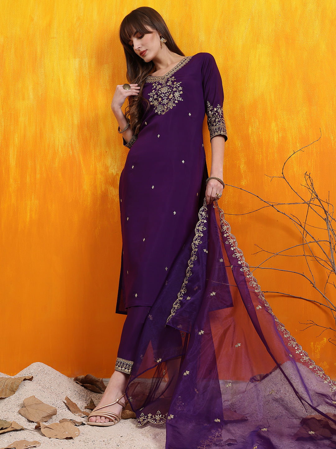 Purple Chanderi Kurta Set with Sequined Embroidery and Dupatta