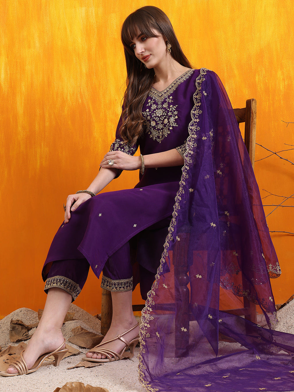 Purple Chanderi Kurta Set with Sequined Embroidery and Dupatta