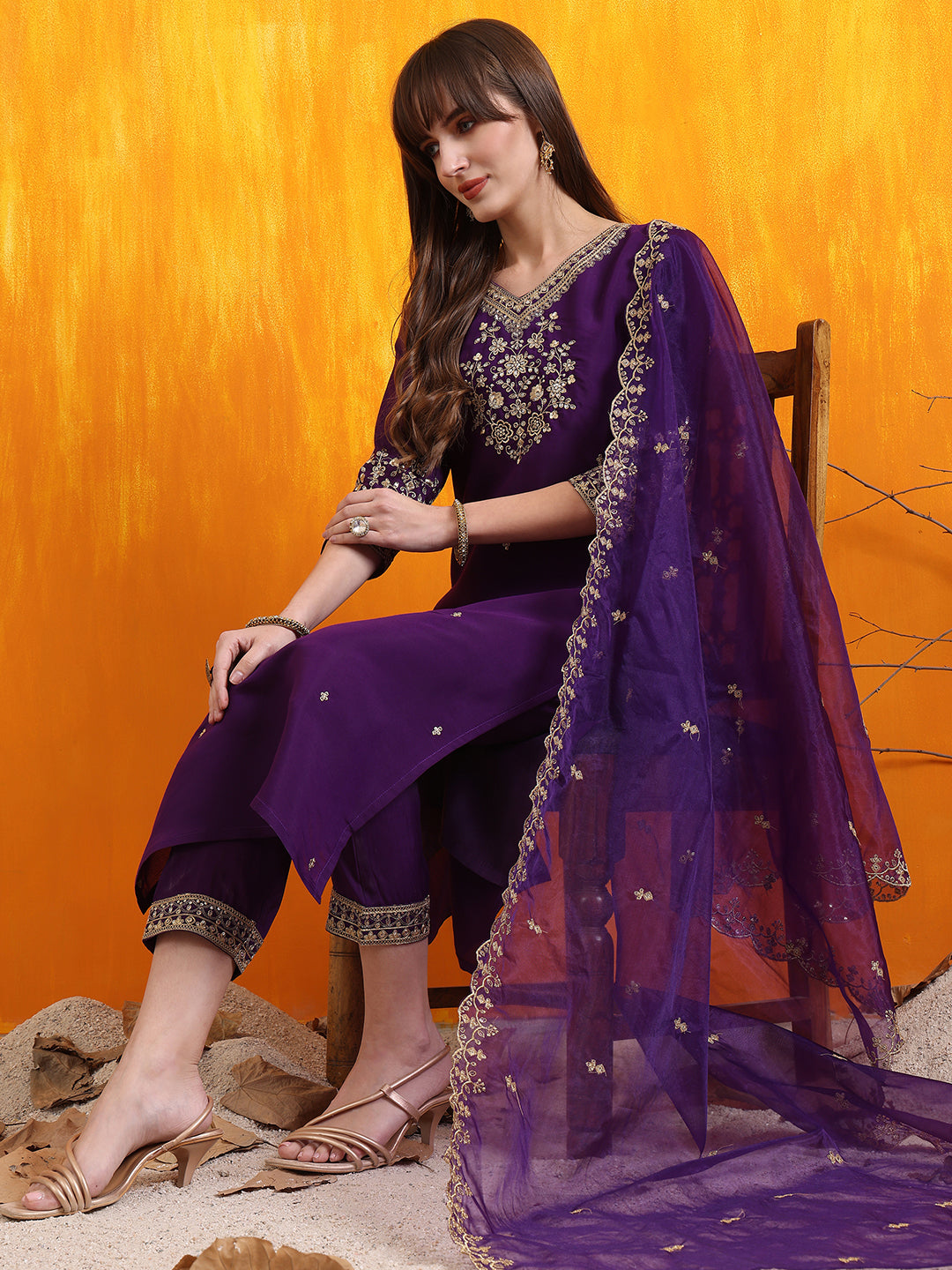 Purple Chanderi Kurta Set with Sequined Embroidery and Dupatta