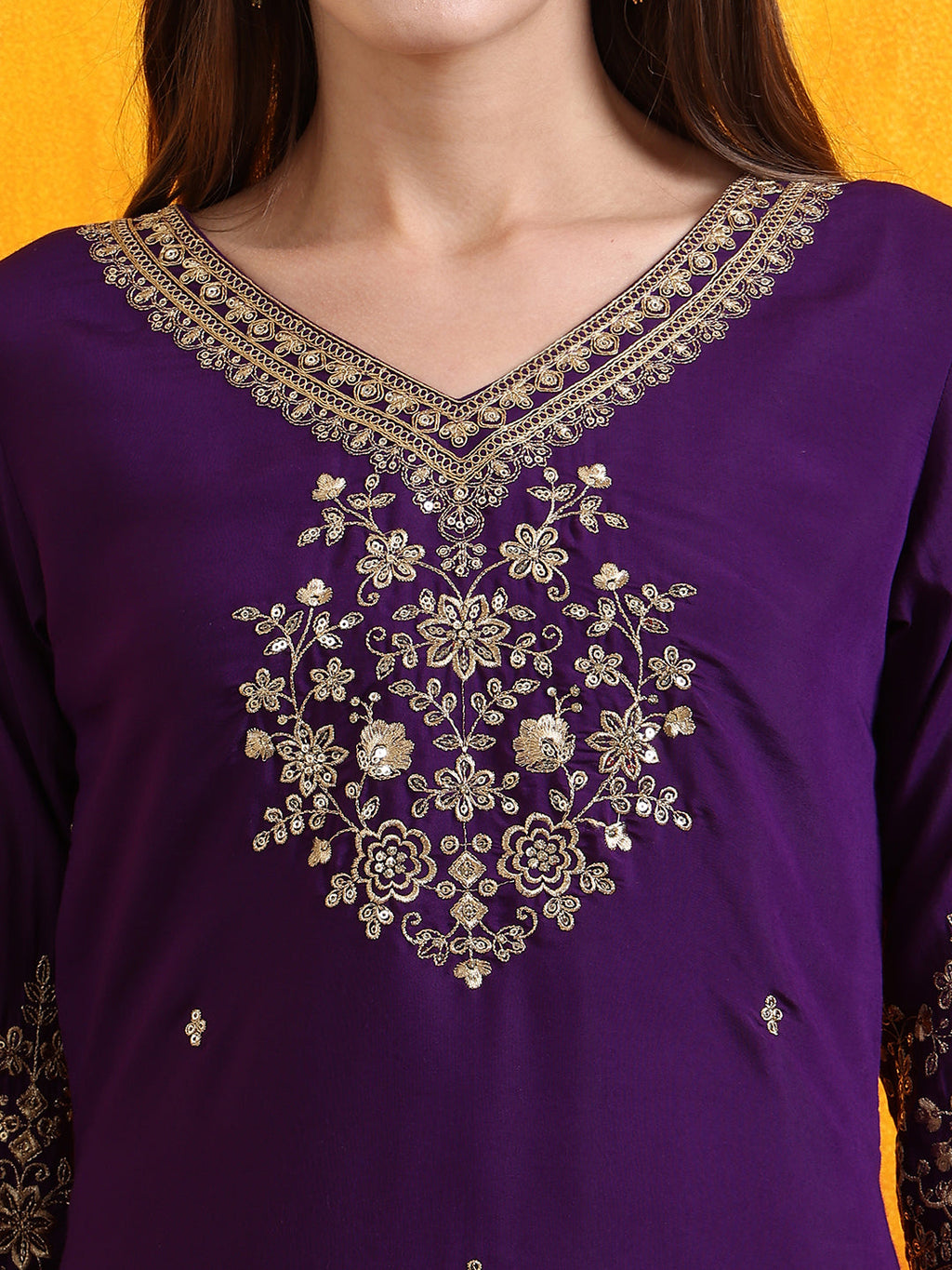 Purple Chanderi Kurta Set with Sequined Embroidery and Dupatta