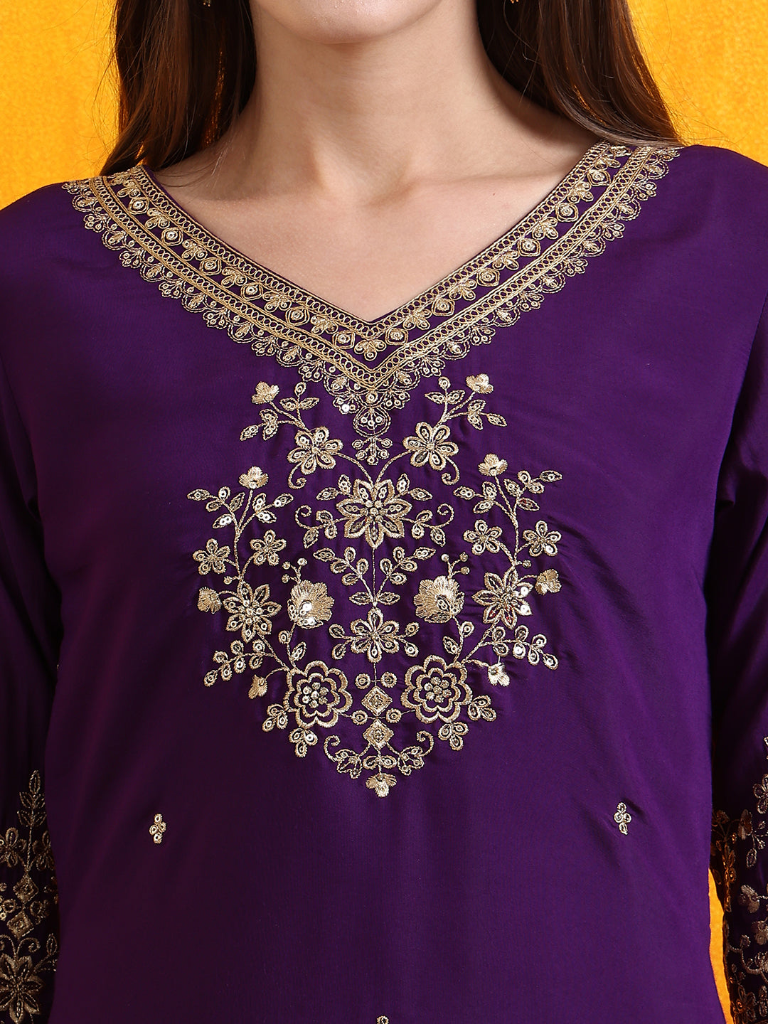 Purple Chanderi Kurta Set with Sequined Embroidery and Dupatta