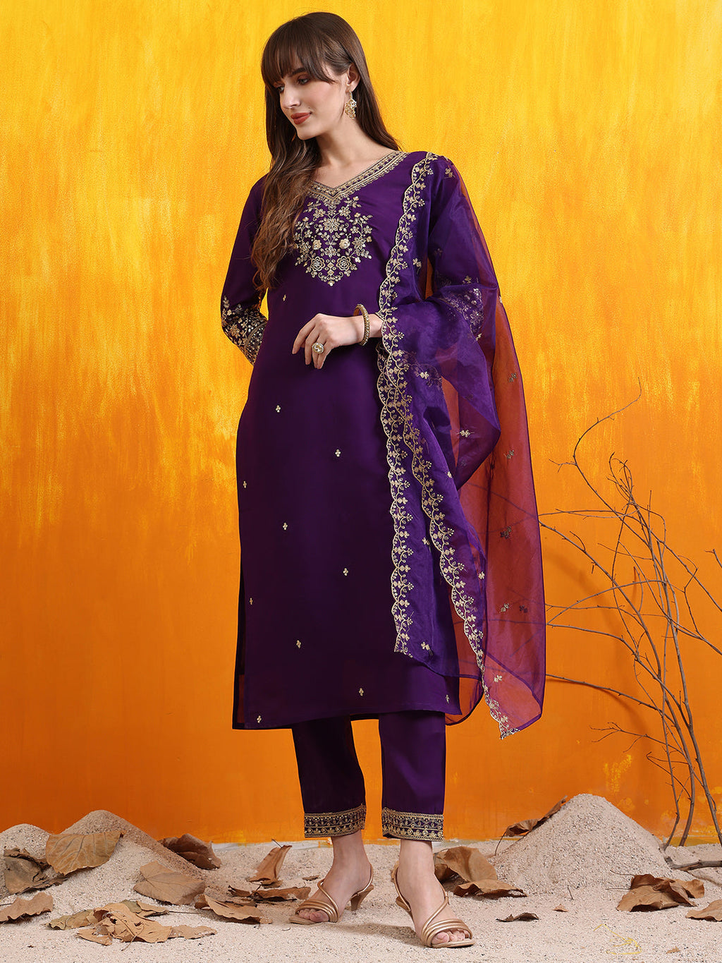 Purple Chanderi kurta with sequined embroidery, matching pants, and embroidered dupatta