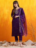 Purple Chanderi kurta with sequined embroidery, matching pants, and embroidered dupatta