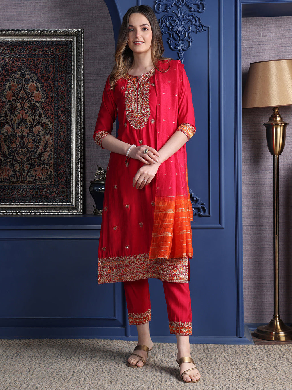 Elegant pink Chanderi embroidered kurta set with a two-toned matching dupatta