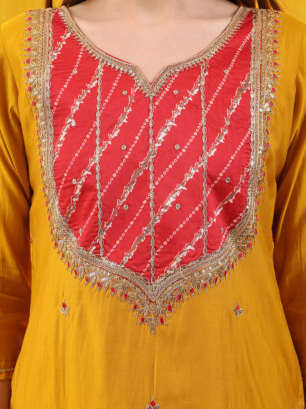 Mustard Chanderi Kurta Set with Sequins and Applique Patch