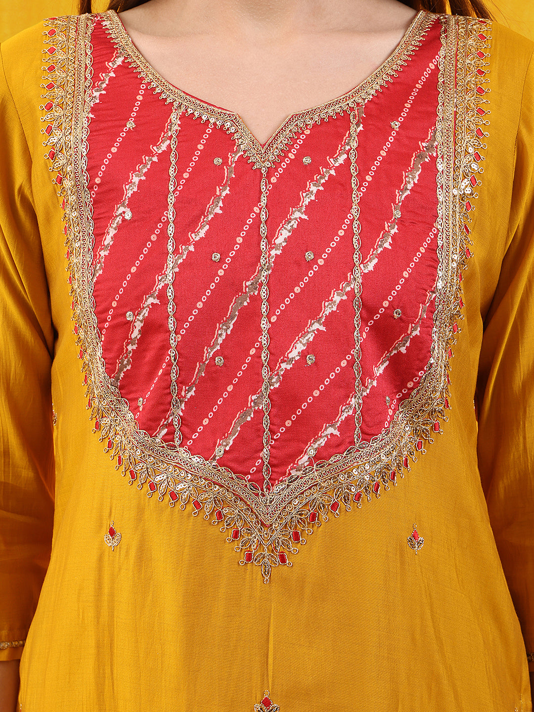 Mustard Chanderi Kurta Set with Sequins and Applique Patch