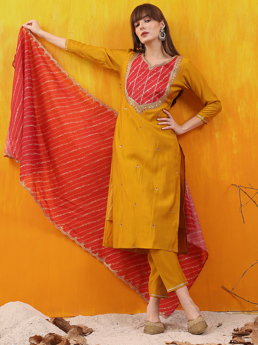 Mustard Chanderi Kurta Set with Sequins and Applique Patch