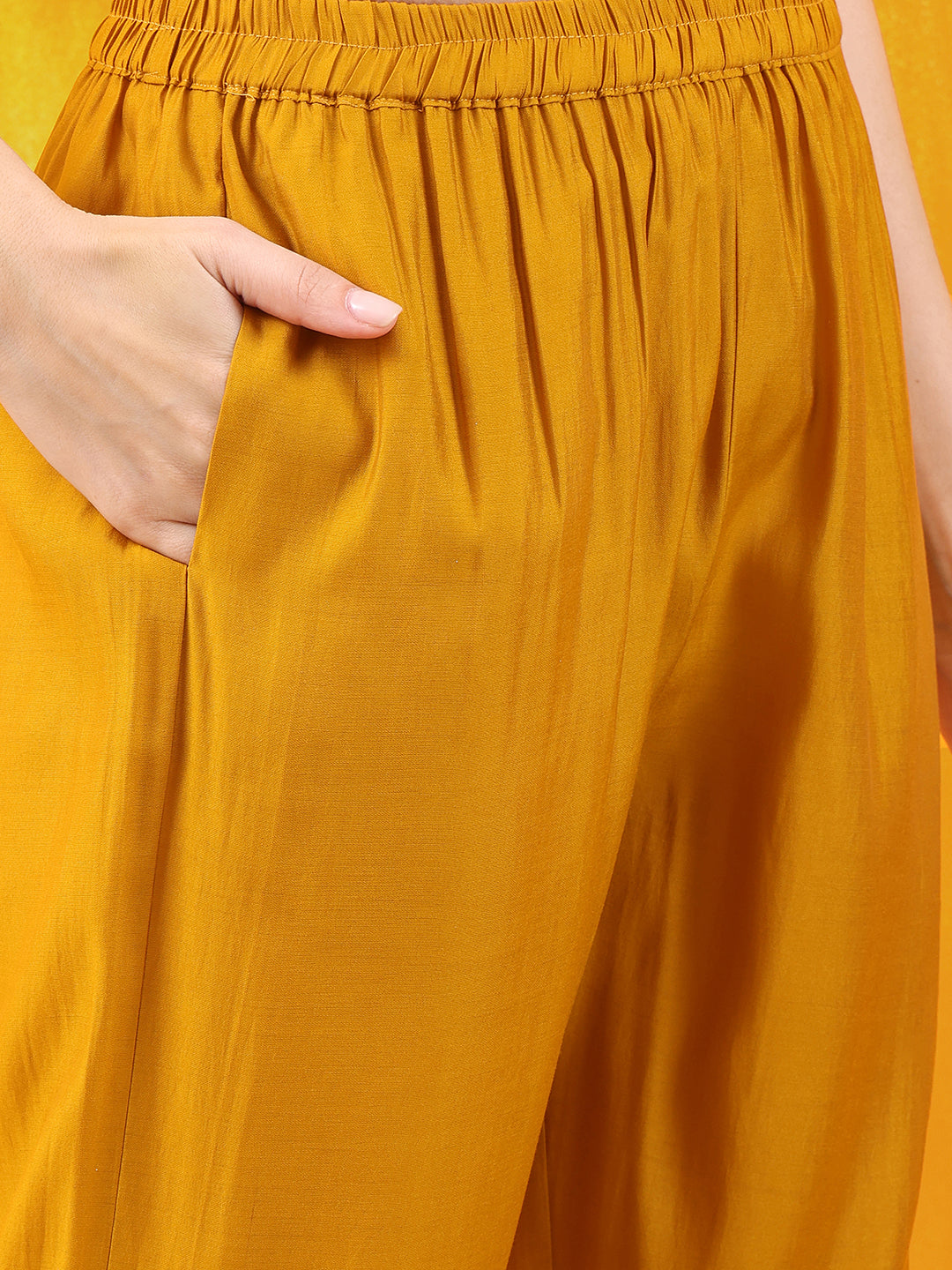 Mustard Chanderi Kurta Set with Sequins and Applique Patch