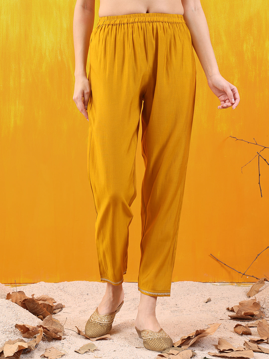 Mustard Chanderi Kurta Set with Sequins and Applique Patch