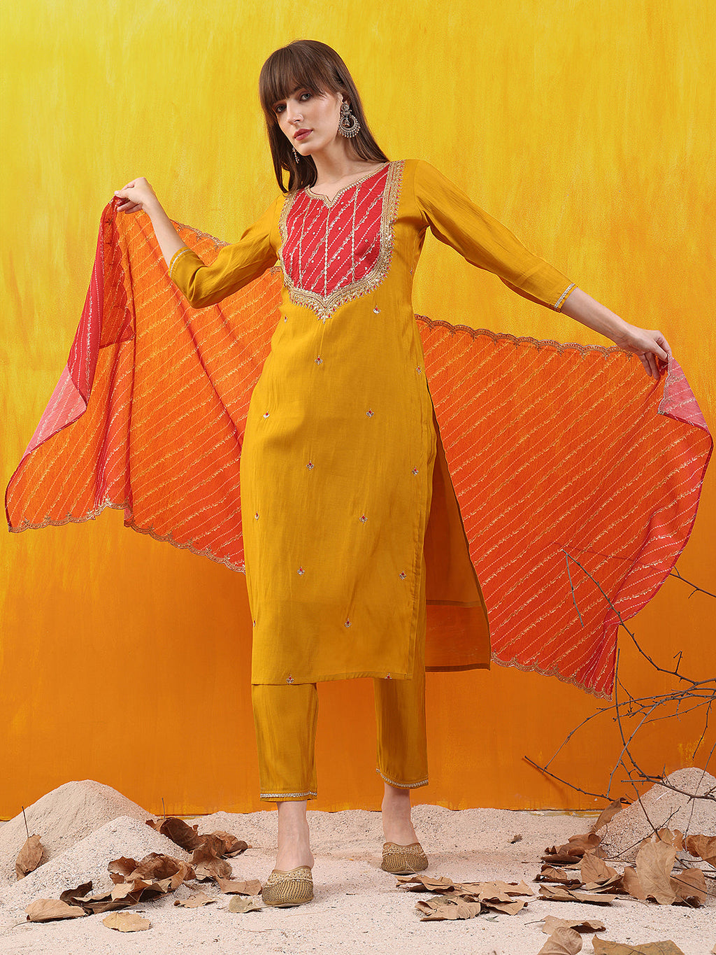 Mustard Chanderi Kurta Set with Sequins and Applique Patch