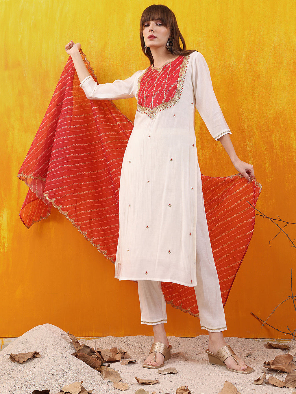 White Chanderi Sequined Embroidered Kurta Set with Dupatta