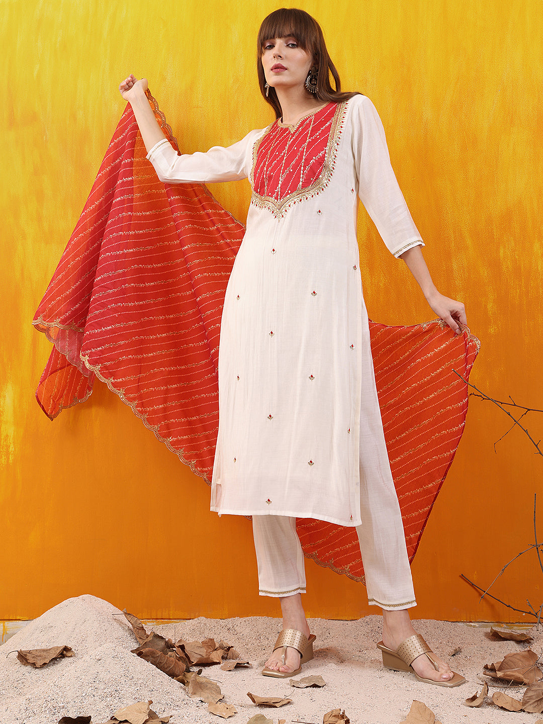 White Chanderi Sequined Embroidered Kurta Set with Dupatta