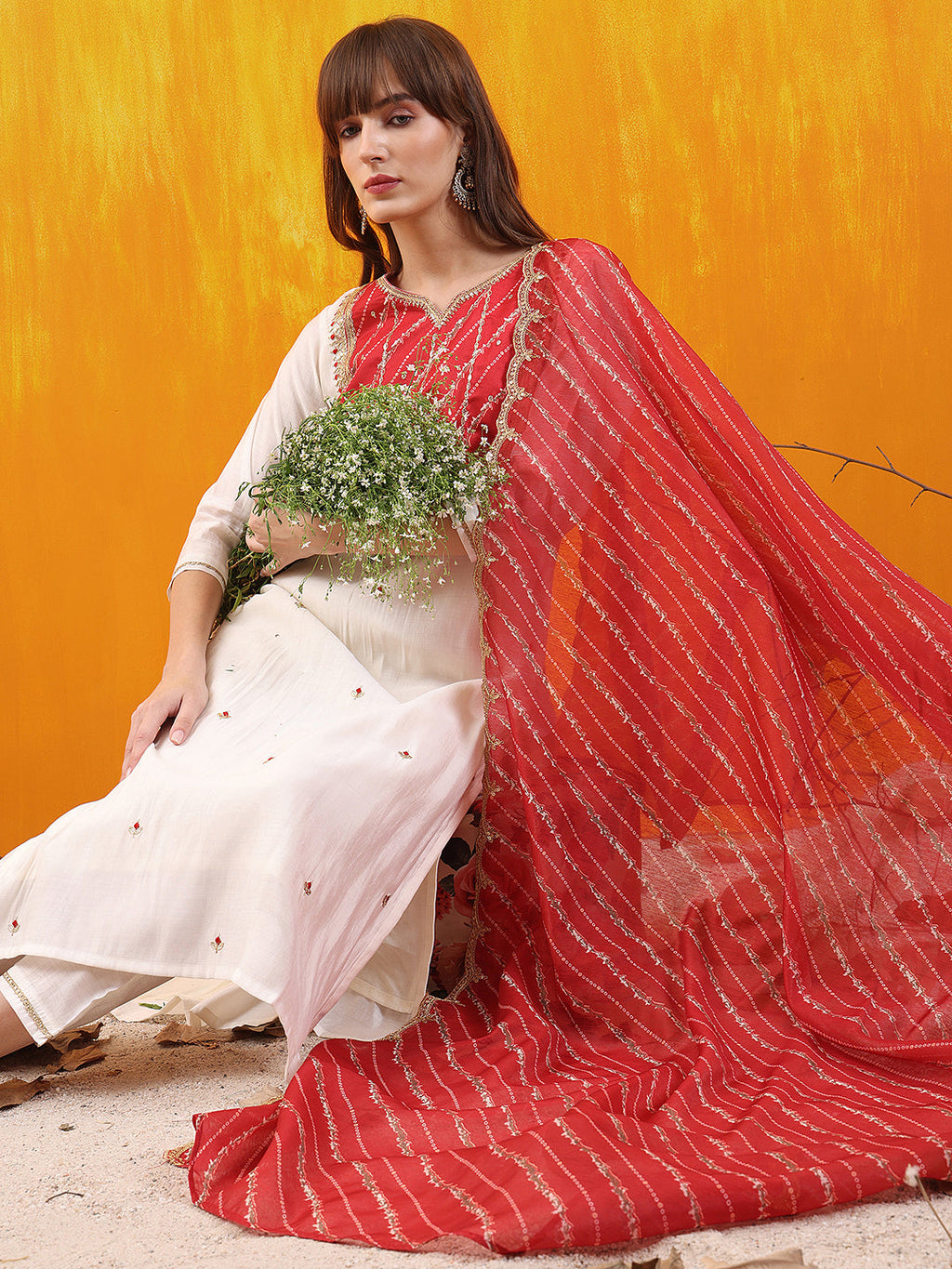 White Chanderi Sequined Embroidered Kurta Set with Dupatta