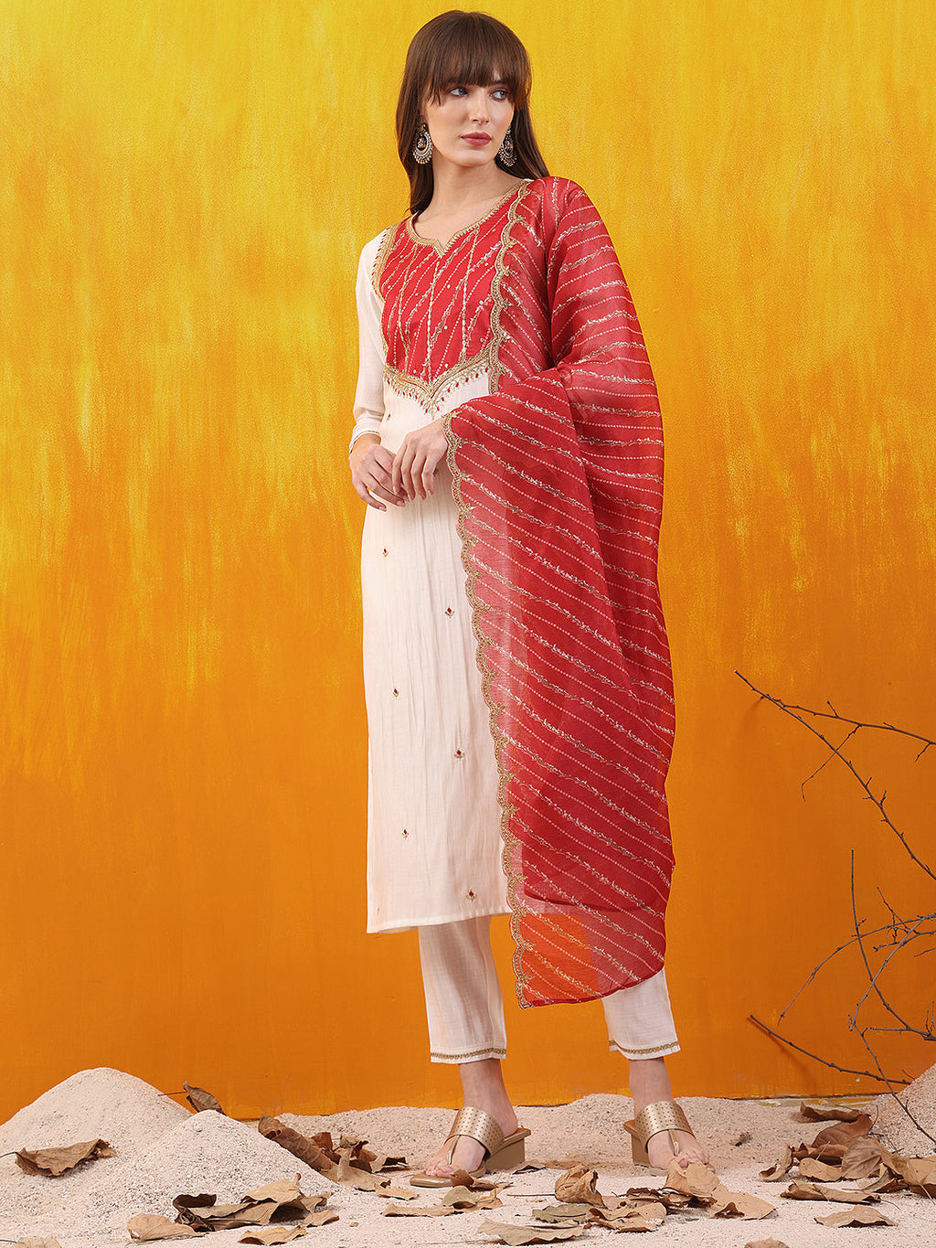 White Chanderi Kurta featuring sequined embroidery and applique patches