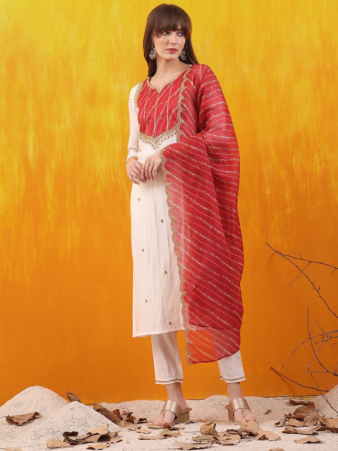 White Chanderi Kurta featuring sequined embroidery and applique patches