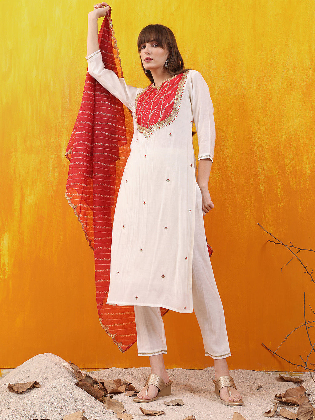 White Chanderi Sequined Embroidered Kurta Set with Dupatta